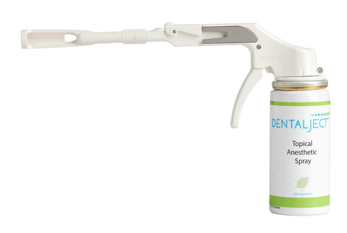 The DentalJect applicator locked onto a Topical Anesthetic Spray canister