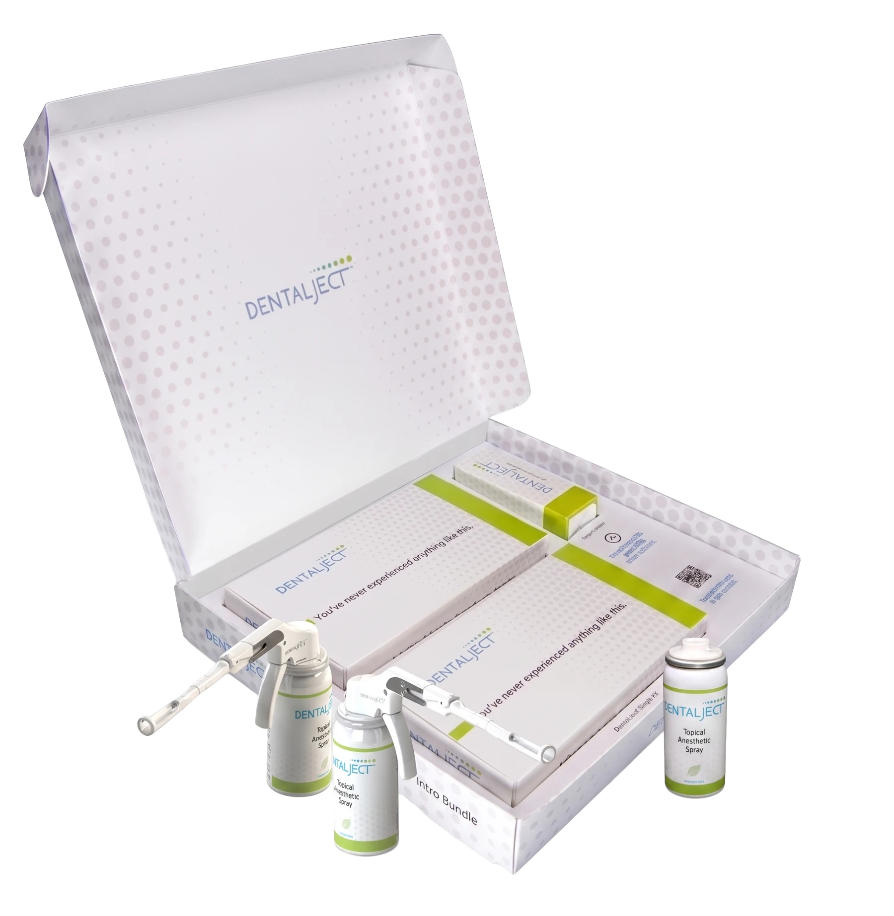 The DentalJect Intro Bundle: two single kits with applicators and canisters, plus a free canister