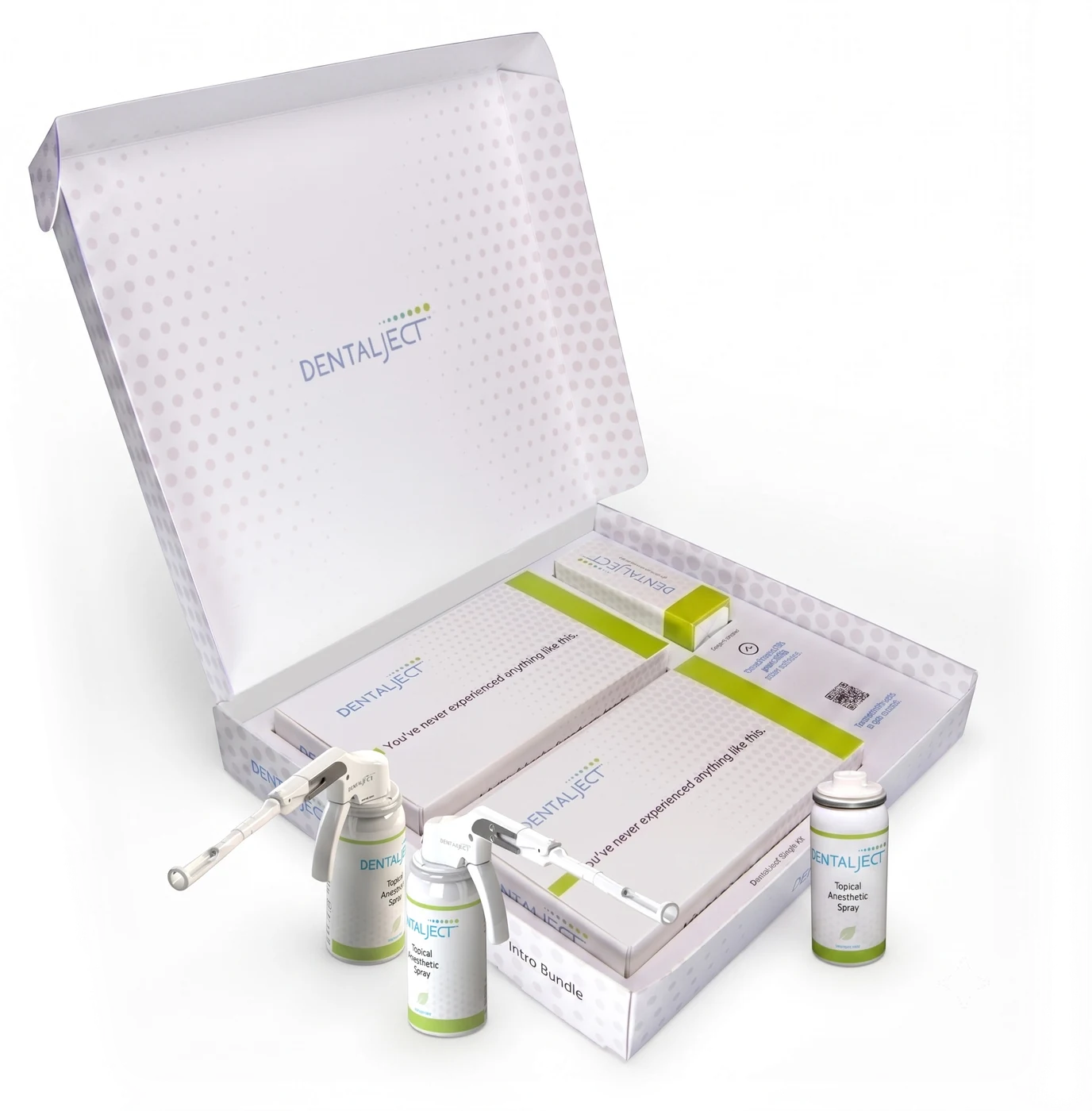 The DentalJect Intro Bundle: two single kits, applicators and canisters in an open box