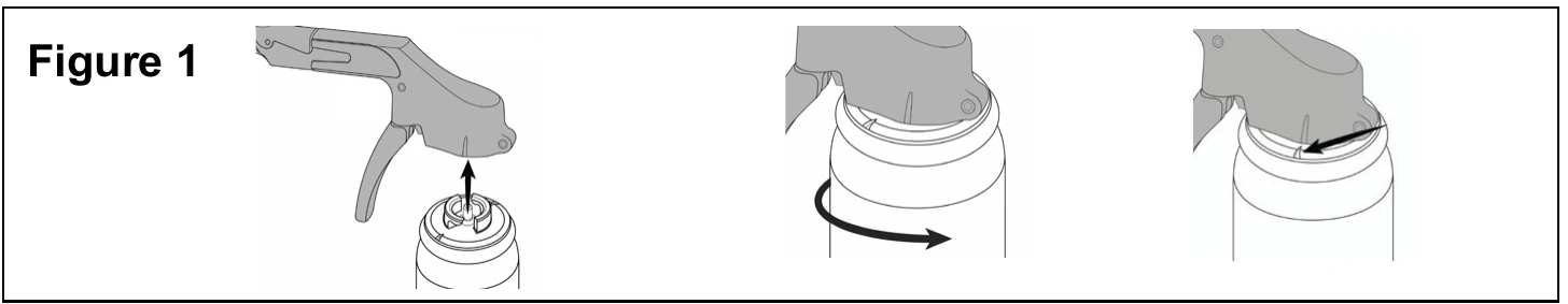 Figure 1: three-step diagram showing the DentalJect canister being inserted into the applicator, then twisted and locked into place.